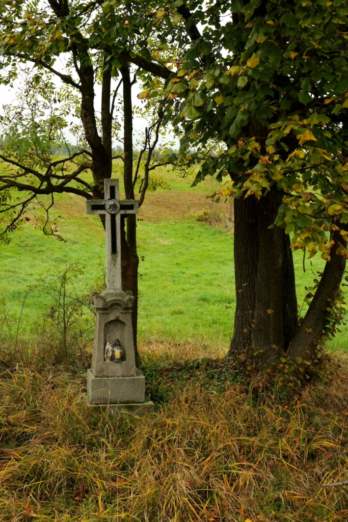 przydrożny krzyż pod drzewami.